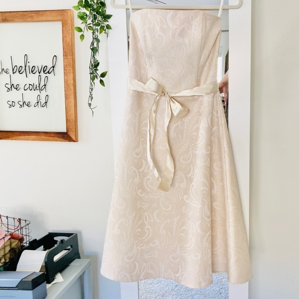 Scott McClintock Strapless Ivory/Champagne Brocade Dress with Sash